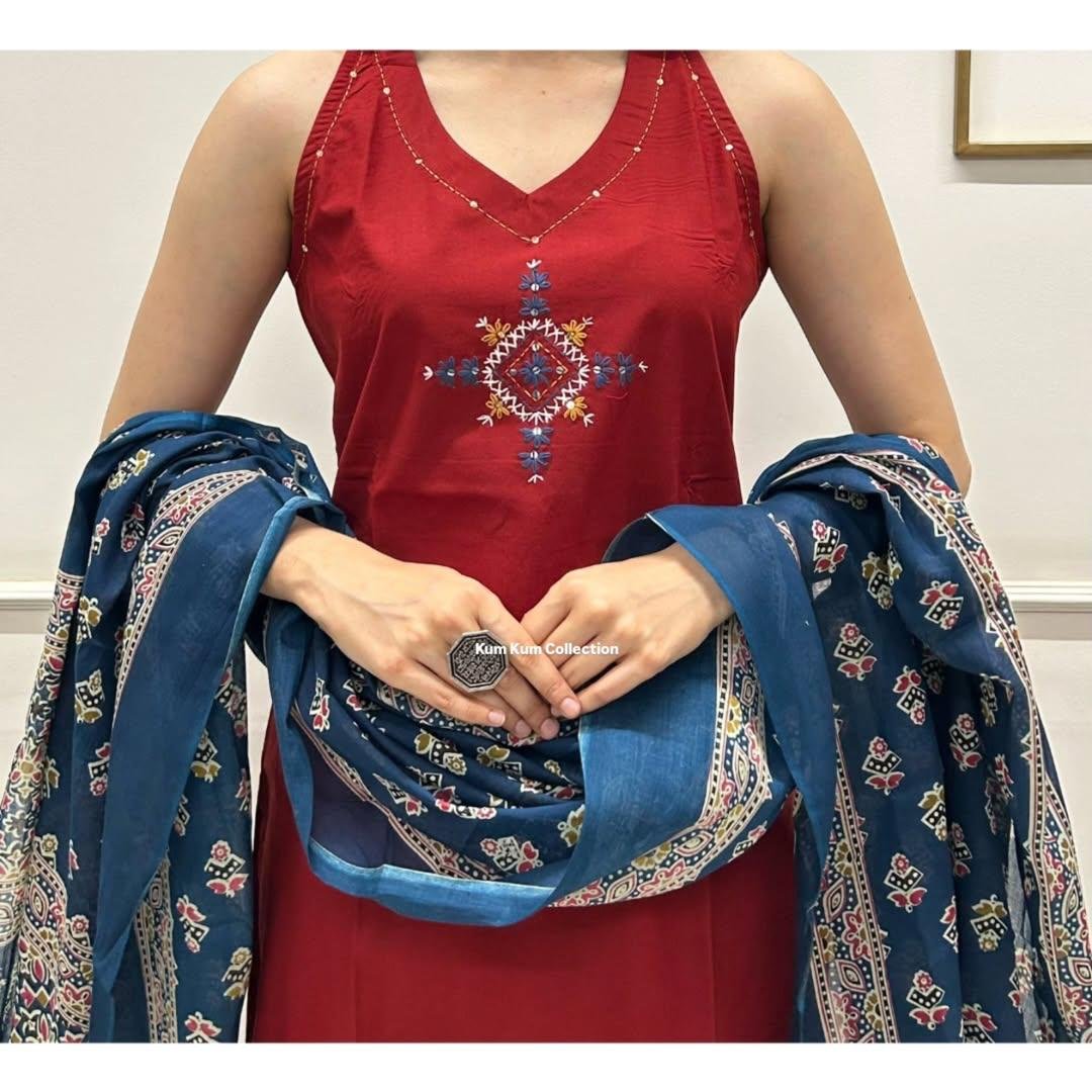 Handloom A-Line Kurti Palazzo Set with Linen Dupatta